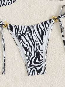 Swim Vcay 2pcs Spring Break Leopard Print Halter Top & Side Tie Bottoms Sexy Bikini Set With Random Gold Accessories For Summer Beach Vacation - Black and White - View 4
