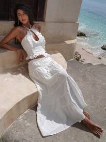 Opulessa Solid Color Woven Neck-Tie Ruffled Trim Women's Tank Top,Going Out, Wedding Clothes, Business Casual Woman Style,Concert, Party, Club Outfits, Fall Women Clothes ,Chic Top, White Top - White - View 3