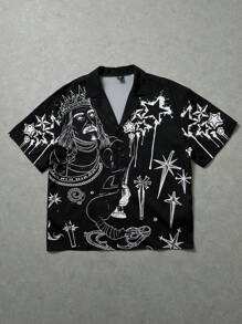 Manfinity EMRG All-Over Print Button-Down Casual Short Sleeve Shirt For Men Men Shirt Graphic Y2k Men Shirt Y2k Tops Men Y2k Shirt Men Men Graphic Shirts - Black and White - View 3