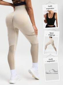 SHEIN Sports Apricot Leggings For Women: Seamless High-Waisted Design With Breathable Contrast Mesh And 4-Way Stretch - Apricot - View 8
