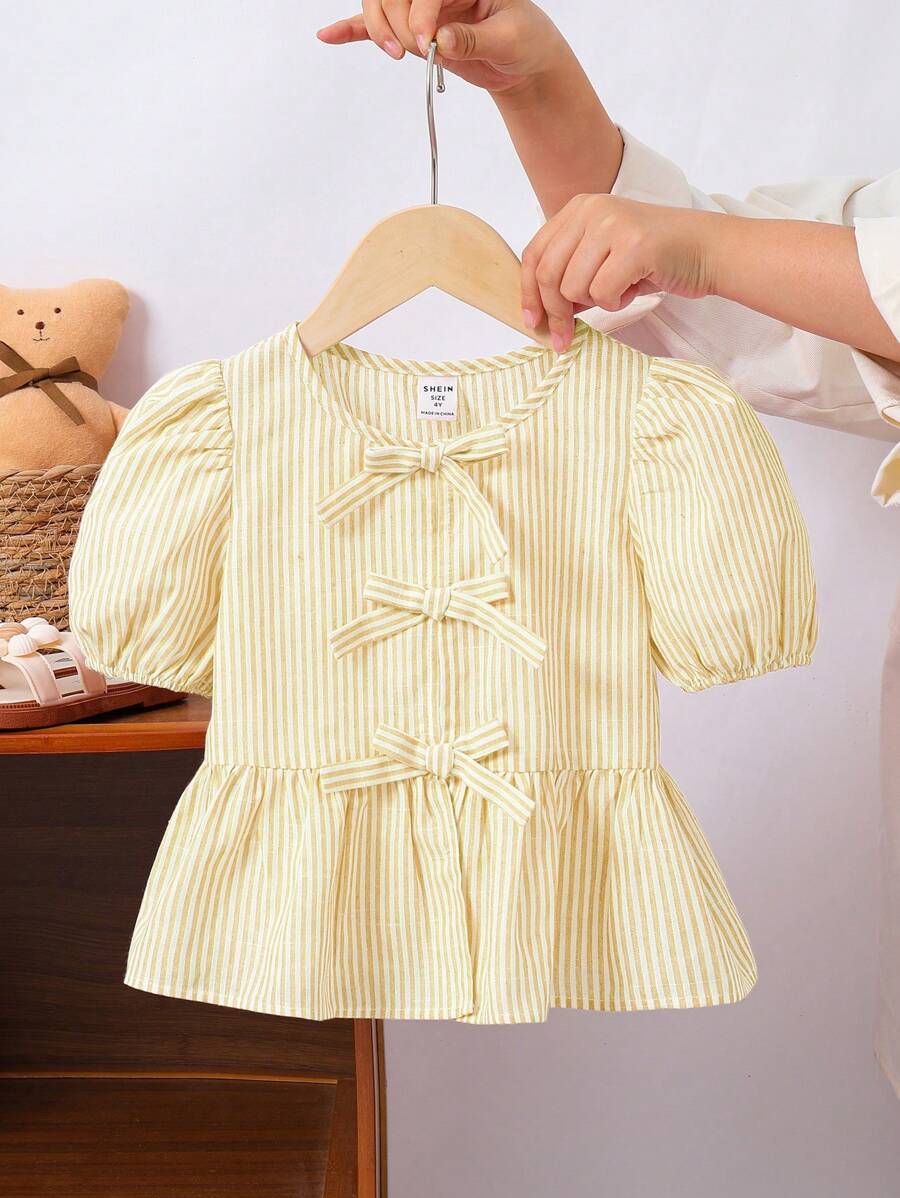 SHEIN LMoss Kids Cămașă casual cu mâneci bufante, în dungi, pentru fetiță