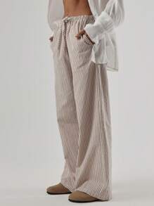 MUSERA 夏季亚麻质感系带腰裤，优雅休闲，适合夏季度假、秋季返校、办公室工作等各种场合。 - 棕色 - 查看 4