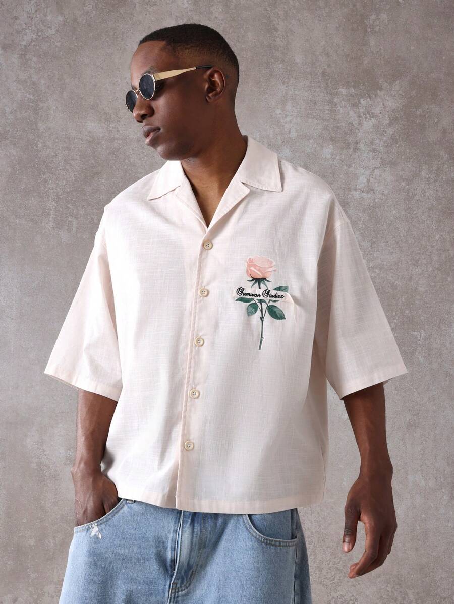 SUMWON Designer Embroidered Rose Short Sleeve Button Up Shirt Linen Feel Feel Look Resort Beach Vacation Wedding Guest Summer Spring Casual Evening Wear - Beige - View 1