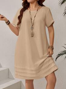 EMERY ROSE Vestido casual de vacaciones de manga corta y unicolor talla grande, conjunto de verano para mujer/Verano, ropa de mujer para vacaciones tropicales