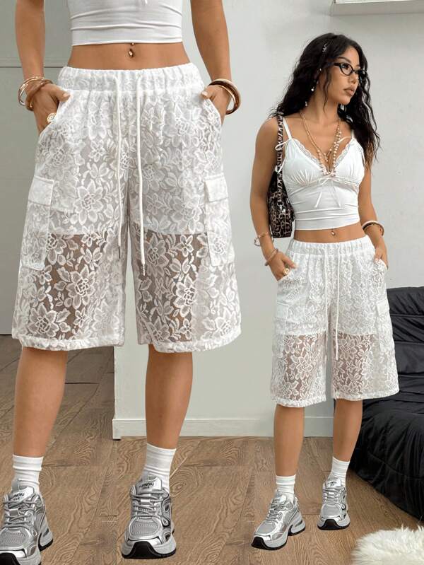 Coolane Femei Summer Festival Streetwear Vintage Y2K Ținute drăguțe de vacanță dantelă cu buzunare pantaloni în picioare