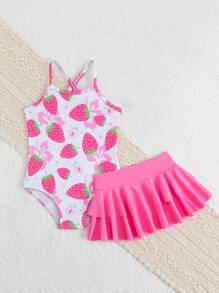 SHEIN 1 bộ áo tắm liền thân in hình dâu tây cho bé gái kèm váy, quần áo mùa hè cho bé gái, quần áo mùa hè cho bé gái, quần áo mùa hè cho bé gái, quần áo mùa hè cho bé gái. - Hồng - Xem 5