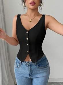 Elenzga Nueva Blusa sin mangas de corte slim, cuello en V, de primavera/verano 2025, estilo casual - Negro - Ver 4
