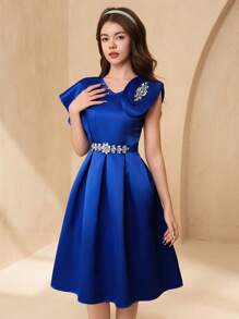 SHEIN Teen Girl Rhinestone Decor Ruffled Hem Elegant Luxurious Satin Beaded Long Dress