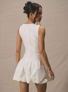 MUSERA Scoop Neck Fitted Bodice Puffball Mini Dress Spring Summer Cute Vacation Elegant - White - View 4