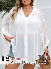 SHEIN CURVE+ Super Plus Size Sheer Sunscreen Shirt, Adjustable Sleeve, Suitable For Beach And Holiday Trips, Curve Plus, Boho Vacation Beach Outfits For Woman/Beach /Beach Vacation Outfits/Beach Essentials / Graduation/Tea Party  - White - View 9