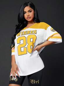 SHEIN SXY Colourblock & Letter Graphic Drop Shoulder Longline Tee - Mustard Yellow - View 4