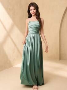 SHEIN Teenage Girls Wedding Bridesmaid Elegant Satin Ribbon Bow V-Neck Ruffled A-Line Long Dress For Prom, Birthday Party, Performance
