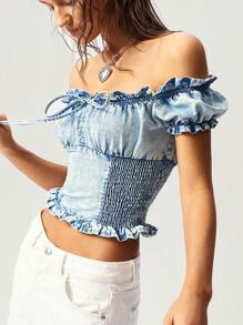 Bohemela BOHO Western Cowgirl Style Solid Color Denim Patchwork Off Shoulder Short Sleeve Cropped Fitted Denim Top For Women, Back To School, Vintage