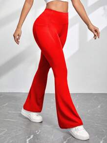 Easithlete 高腰阔腿休闲瑜伽裤，带隐藏口袋，运动健身 - 紅色 - 查看 6