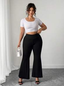 Elenzga Plus Size Women's New Asymmetric Waist Flared Knit Pants, Black, Loose And Elegant For Commuting Fall Cloth For Women