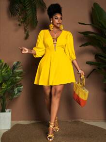 Maweii Mono de talla grande con mangas abullonadas, unicolor y sexy para vacaciones - Amarillo - Ver 3