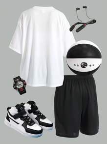 SHEIN Set de 2 piezas de camiseta blanca casual deportiva con estampado en inglés y pantalones cortos negros con estampado en inglés, adecuado para trajes de niño adolescente. Apropiado para fiestas, eventos, actuaciones, bodas, bautizos, ceremonias de apertura, uso diario, escuela, viajes, deportes y adecuado para las temporadas de primavera y verano.