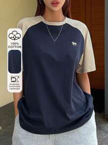 DAZY 女士插肩袖彩色块字母印花宽松短袖T恤超大T恤