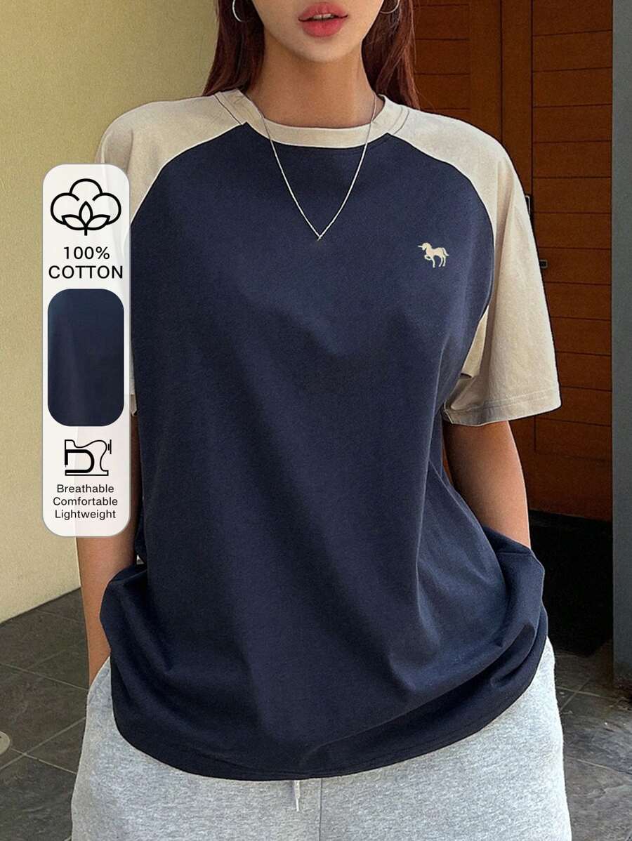 DAZY 女士插肩袖彩色块字母印花宽松短袖T恤超大T恤