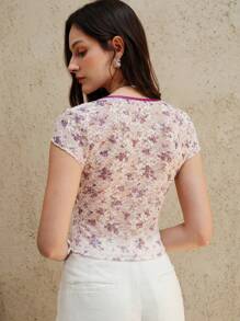 SHEIN Unity Top corto con pizzo a fiori viola per donne: t-shirt casual a maglia con scollo a V e maniche a campana con dettagli in pizzo a contrasto