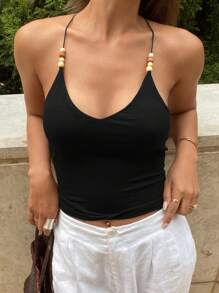 Livesso Fitted Beaded Backless Elastic Casual Summer Tank Top For Women Vacation - Black - View 4