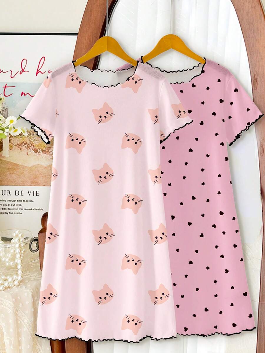 Tween Girls Cat & Heart Pattern Casual Minimalist Pajamas Set, Multiple Pieces, Suitable For Summer - Multicolor - View 1