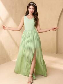 SHEIN 少女纯色V领褶皱荷叶边下摆优雅连衣裙