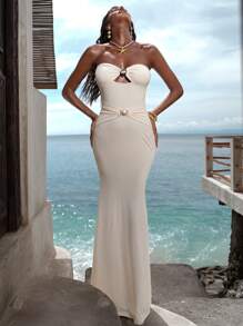 Opulessa Women's Boho Maxi Dress, Apricot Knitted Strapless Semi-Sheer Dress With Seashell Ring Detail, Sleeveless Beach Dress,Sexy Elegant Party,Graduation,Prom,Luxury Evening,Autumn Winter Clothes For Women,  Christmas Outfit For Women, National Day,  New Year Clothes,  Going Out Outfit, Wedding Guest