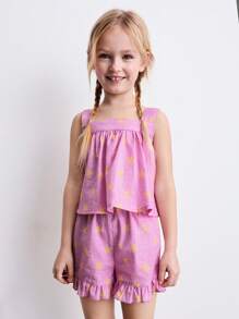 SHEIN Leap Crew Young Girls Star Print Ruffle Hem Tank Top And Star Shorts Set - Multicolor - View 4
