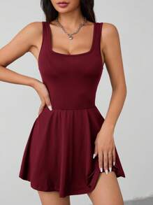 SHEIN PETITE Women's Burgundy Knitted Sleeveless Square Neck Backless Short Unitard Dress: Stretchy And Stylish