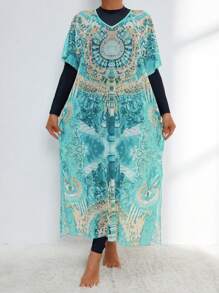 Swim Mulvari Women's Mint Blue & Gold Loose Boho Kimono Cover Up, Conservative Style For Vacation For Summer - Multicolor - View 3