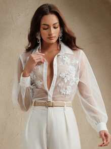 Anewsta Elegante blusa da donna di , semi-trasparente, con ricamo 3D, decorata con perle e strass, adatta per primavera/estate, festival, laurea, estate, elegante, spiaggia, vacanza, casual