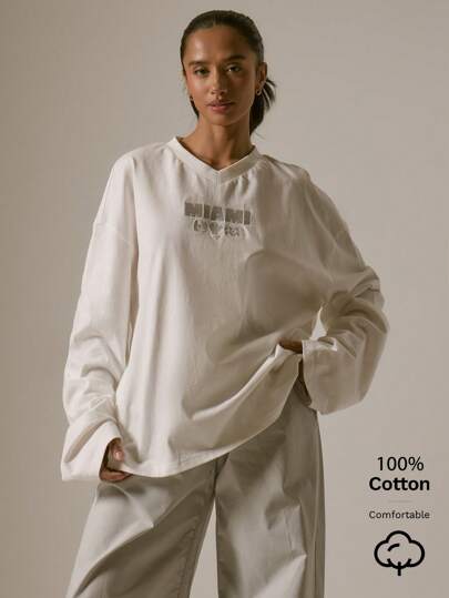 MUSERA Long Sleeve Oversized V Neck Graphic T-Shirt Vacation, Casual, Airport Jet Lagged Oversized Airport Holiday Graphic Tees Fall Back To School Autumn Winter  Elegant