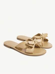 CUCCOO CHICEST Women's New Arrival Summer Bow Knot Design Round Toe Flat Elegant Casual Comfortable Beige PU Leather Sandals, Suitable For Leisure, Vacation, Beach In Hawaii