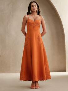 Anewsta 刺绣镂空3D花卉束腰A字吊带连衣裙，女士夏季节日、外出、度假服装 - 珊瑚橙 - 查看 5