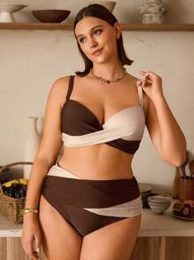 Swim Vcay Conjunto de traje de baño con aros para tallas grandes con bloques de color para vacaciones