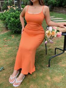 Dazy Plus Solid Color Square Neck Wrap Long Knitted Vacation Dress,Casual Women Dresses - Orange - View 5