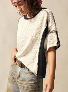 Bohemela 大码女式夏季撞色圆领落肩宽松休闲T恤 - 黑與白 - 查看 8