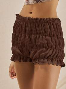 Easelle Women's Brown Knitted Mini Shorts: Casual Semi-Sheer Bubble Shorts With Frill Trim Detail - Brown - View 8