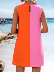 Vivid Eden Woven Color Block Round Neck Sleeveless Fitted Mini Dress For Women Spring And Summer Outfits,Summer Clothes,Valentine's Day,Vacation Outfits Woman,Beach Outfits For Woman, Festival,Romantic And Elegant Clothing,Bohemian,BOHO, Sweet, ,Rave Outfits Festival,Tropical Vacation Woman Clothes,Carnaval