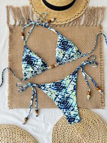 Swim Vcay Bộ 2 quần bikini in họa tiết nhuộm loang màu ngẫu nhiên cho kỳ nghỉ bãi biển dành cho nữ, mùa hè - Nhiều màu - Xem 2