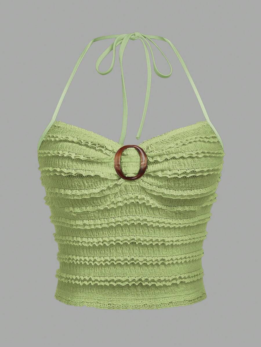 Sweetra Camiseta de punto sin mangas con cuello fruncido, botones decorativos y diseño fruncido para mujer de talla grande - verde menta - Ver 1