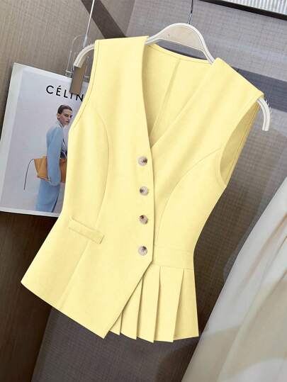 SHEIN Clasi Chaleco de mujer de unicolor con cuello en V, plisado, asimétrico y con botones para ir al trabajo o una ocasión elegante y romántica en el Día de San Valentín