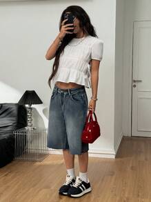 Coolane Blusas de manga corta con cuello redondo, pliegues, fruncidos, cordones y abertura lateral para mujeres, estilo Y2K para primavera y verano, para citas, festivales de música y conciertos