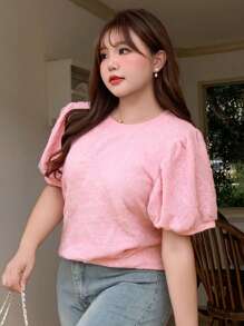 Dazy Plus Plus Size Women Puff Sleeve Crew Neck Textured Fabric Pullover T-Shirt, Pink - Pink - View 7