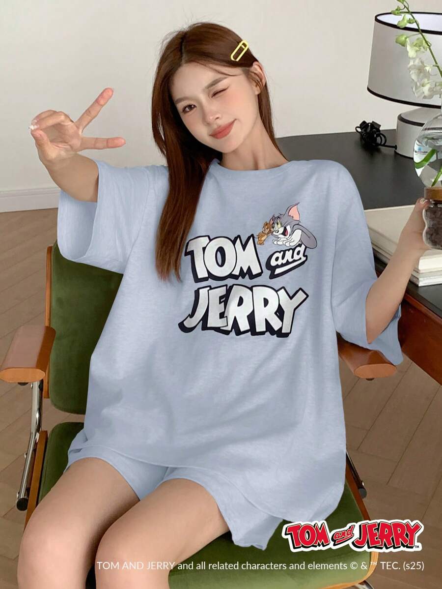 TOM AND JERRY X DAZY Casual Loose Large Graphic Print Short Sleeve Top And Shorts 2pcs Pajama Set - Baby Blue - View 1