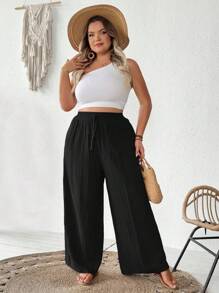 SHEIN CURVE+ Outfits casuales de playa de verano para mujer de talla grande, pantalones anchos elegantes de negocios y viajes con bolsillos, color rosa loto, pantalones de verano para vacaciones de playa, campo o país