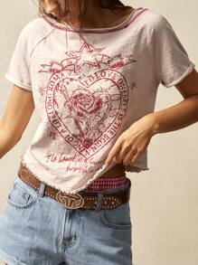Bohemela 1 pieza Camiseta de mujer de unicolor, de manga corta, cuello de escote redondo, ajustada y lavada