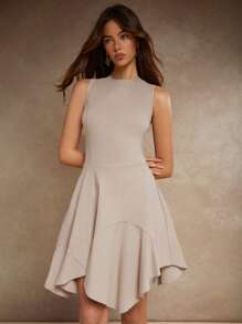 COSMINA Women's Elegant Khaki Asymmetrical Hemline Sleeveless Mini Dress, Summer - Khaki - View 1