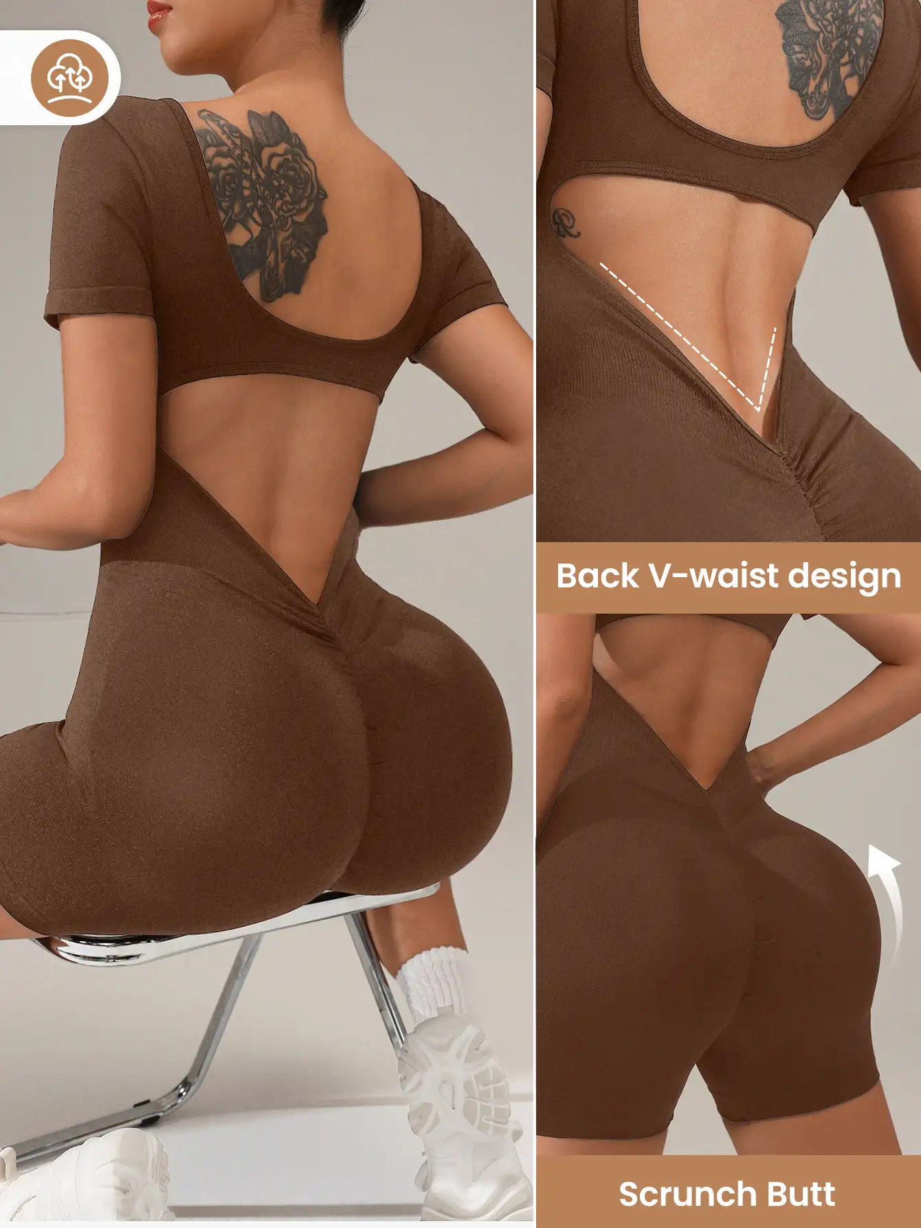 SHEIN Sports 女式纯色露背短袖连体衣，无缝日常健身运动连体裤 - 咖啡棕 - 查看 7